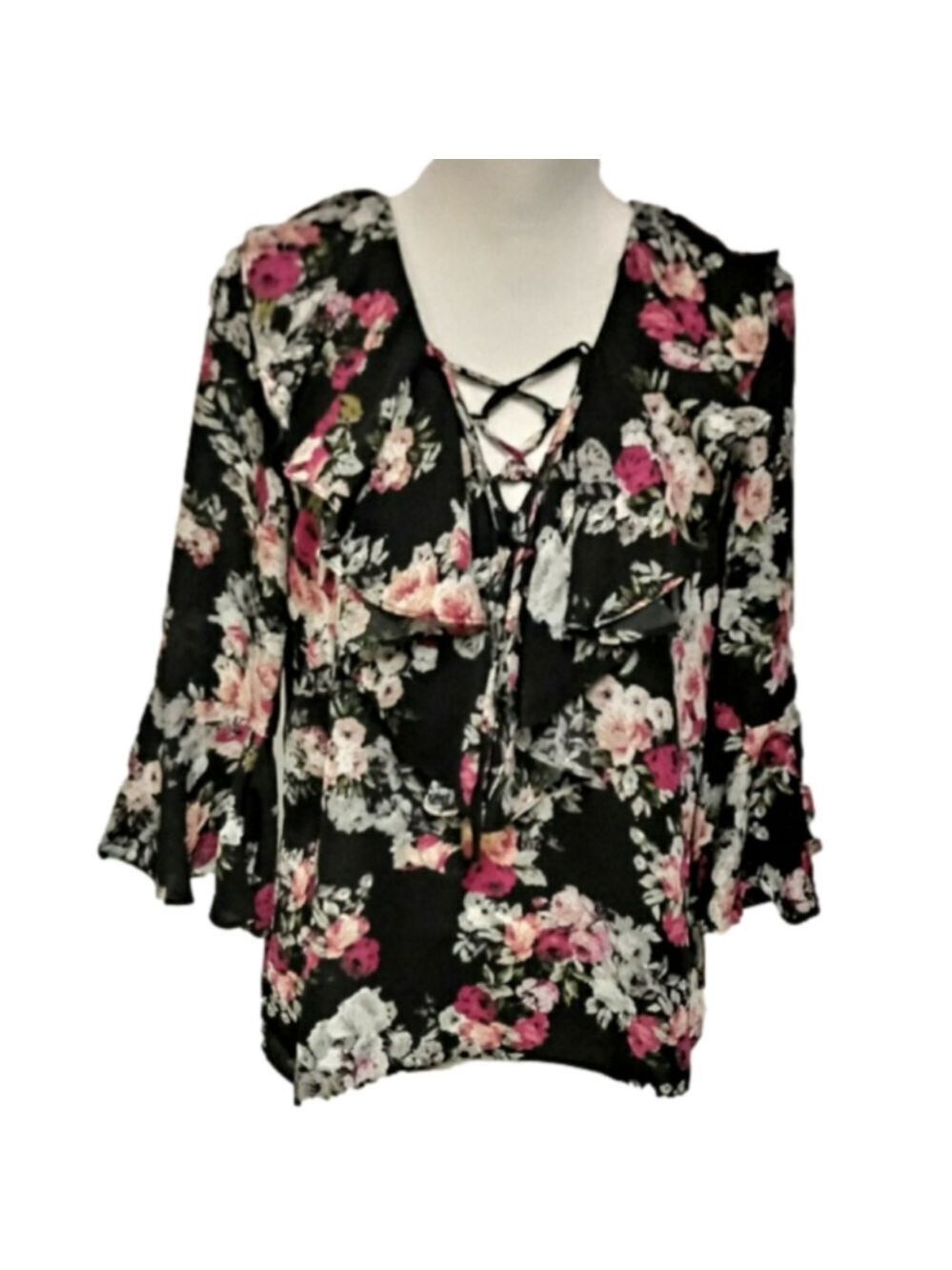 My Michelle Black Floral Lace V-Neck Long Bell Sleeve Keyhole Button Back Top